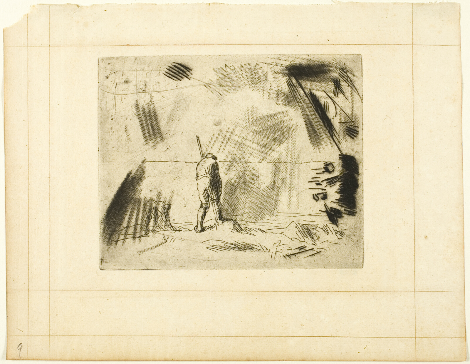 Jean-Francois Millet's print The Seaweed Gatherers, laid on hand-ruled ledger paper.